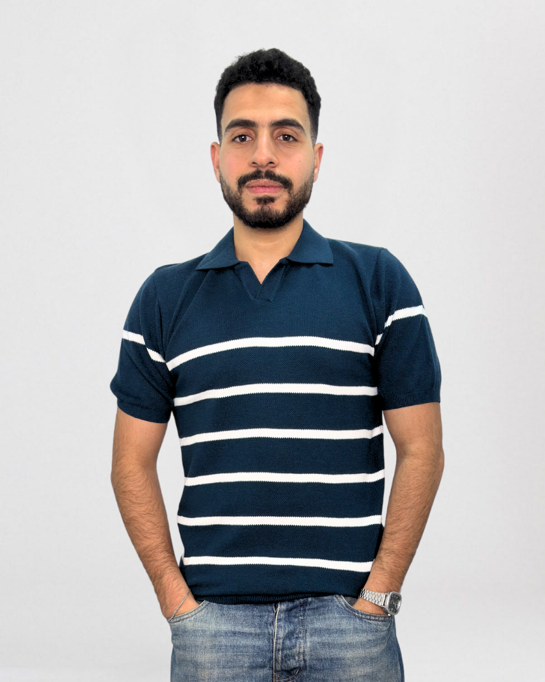 Striped Short-Sleeve Knitted Polo