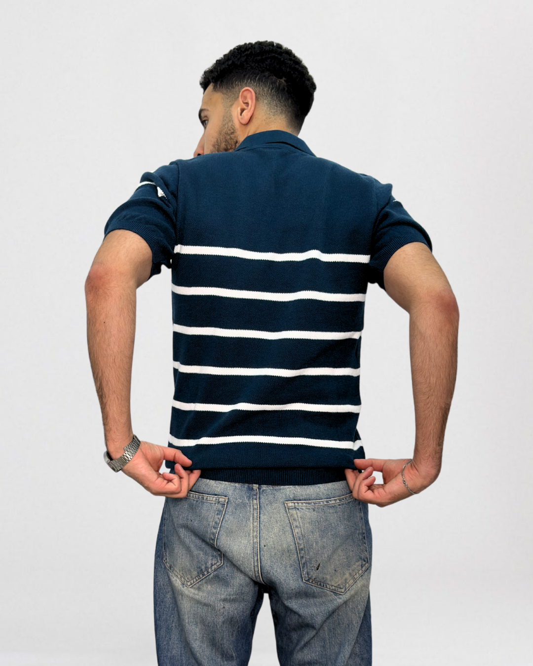 Striped Short-Sleeve Knitted Polo