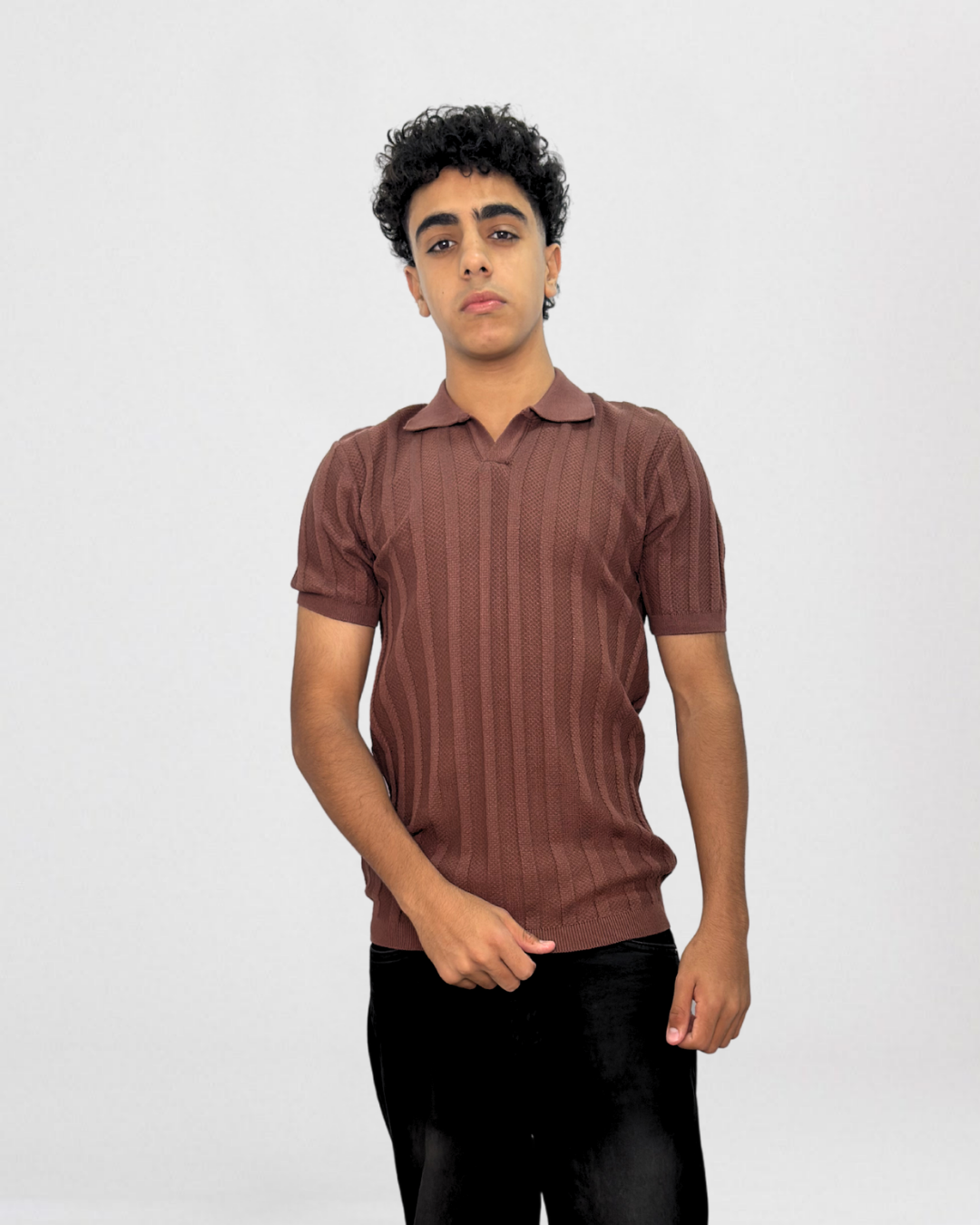 Vertical Ribbed Short-Sleeve Knit Polo