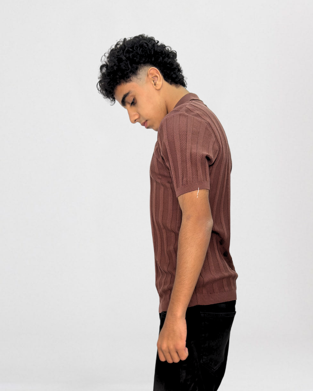 Vertical Ribbed Short-Sleeve Knit Polo