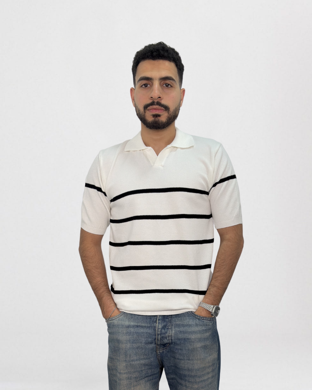 Striped Short-Sleeve Knitted Polo