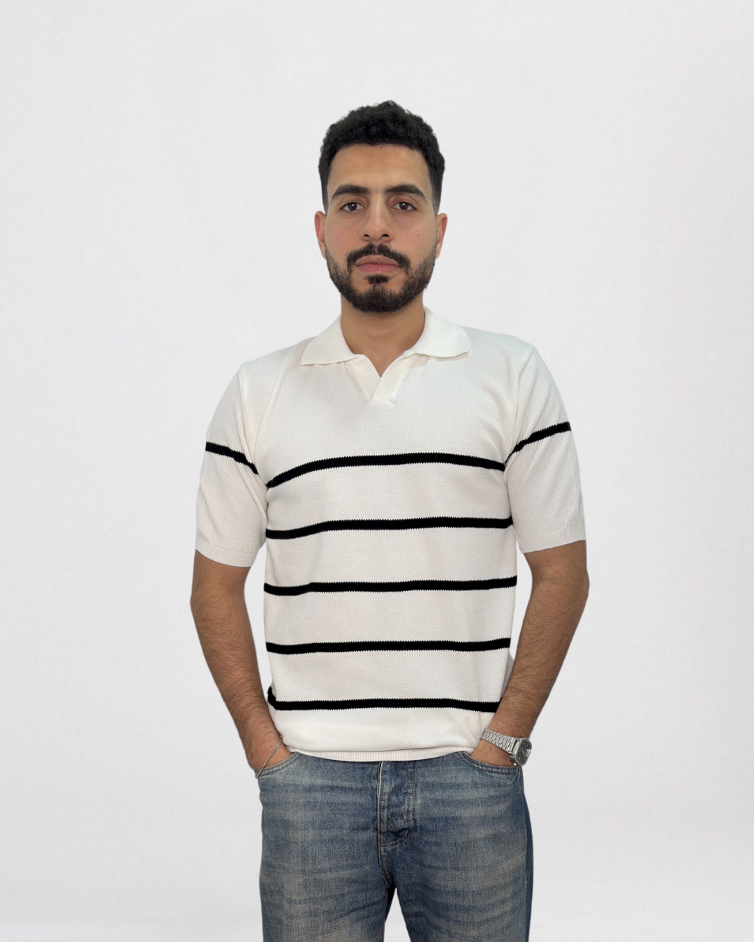 Striped Short-Sleeve Knitted Polo