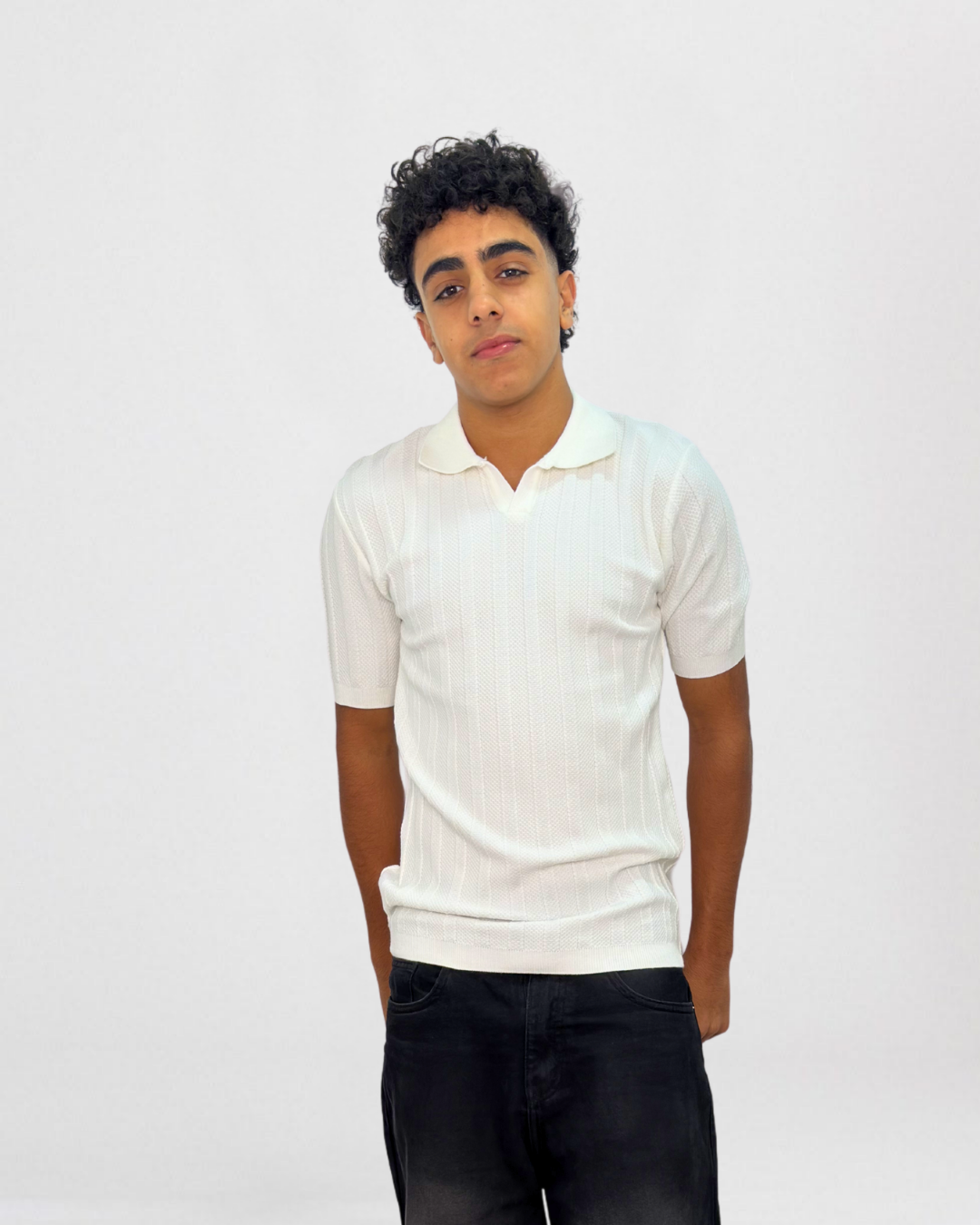 Vertical Ribbed Short-Sleeve Knit Polo